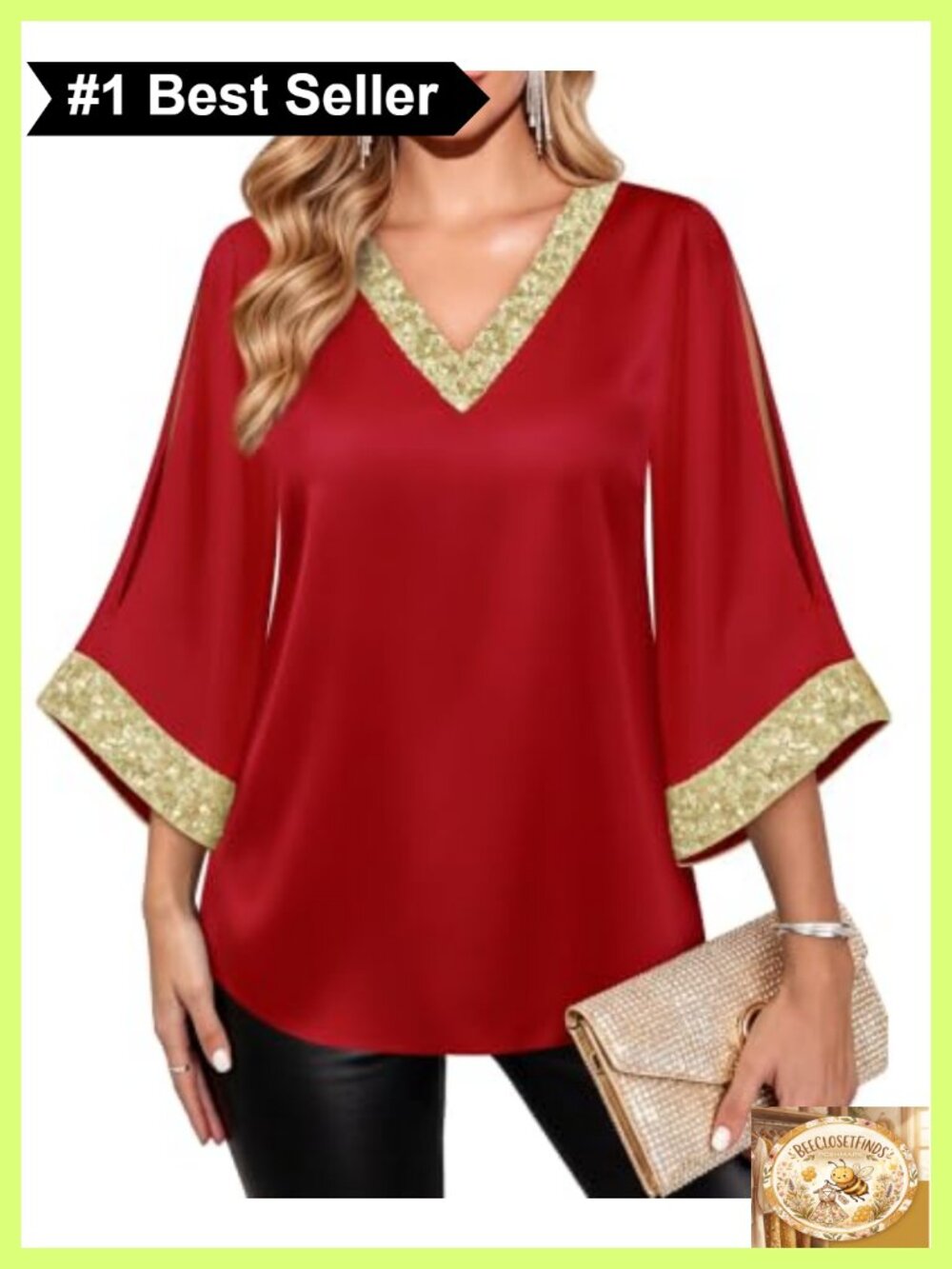 Womens Satin V Neck 3/4 Split Sleeve Sequined Dressy Tunic Blouse